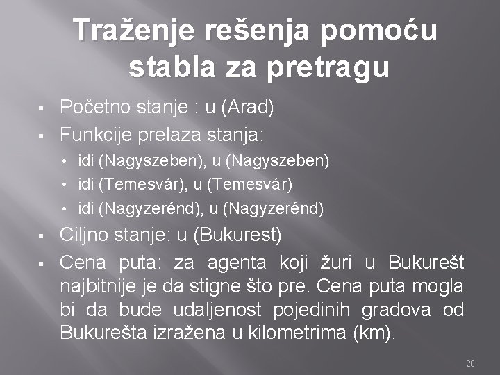 Traženje rešenja pomoću stabla za pretragu § § Početno stanje : u (Arad) Funkcije