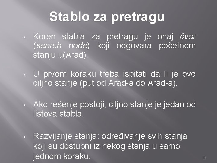 Stablo za pretragu • Koren stabla za pretragu je onaj čvor (search node) koji