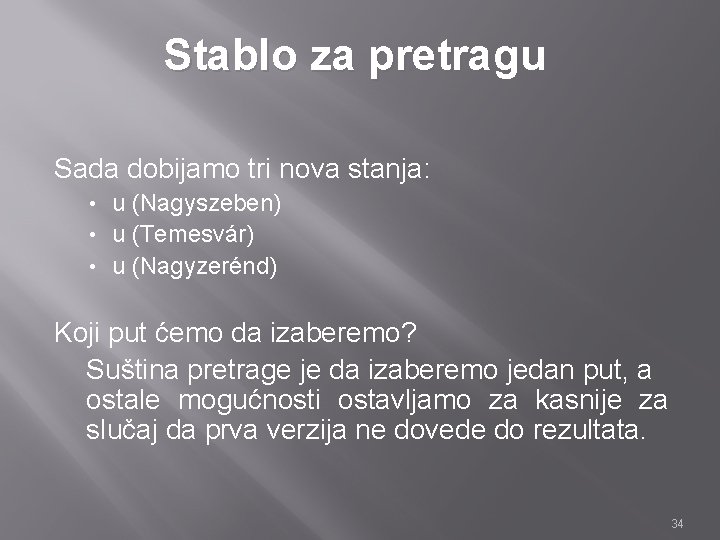 Stablo za pretragu Sada dobijamo tri nova stanja: u (Nagyszeben) • u (Temesvár) •