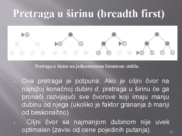 Pretraga u širinu (breadth first) • • Pretraga u širinu na jednostavnom binarnom stablu.