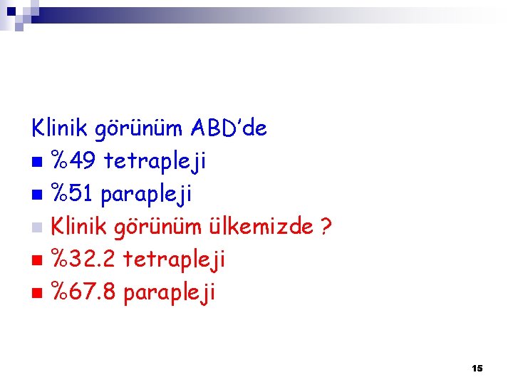 Klinik görünüm ABD’de n %49 tetrapleji n %51 parapleji n Klinik görünüm ülkemizde ?