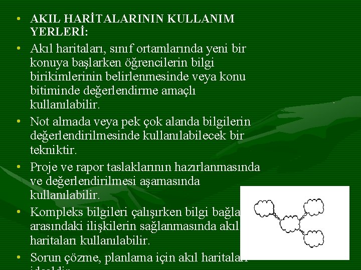  • AKIL HARİTALARININ KULLANIM YERLERİ: • Akıl haritaları, sınıf ortamlarında yeni bir konuya