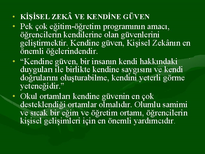  • KİŞİSEL ZEK VE KENDİNE GÜVEN • Pek çok eğitim-öğretim programının amacı, öğrencilerin