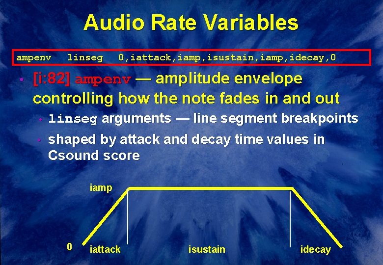 Audio Rate Variables ampenv • linseg 0, iattack, iamp, isustain, iamp, idecay, 0 [i: Audio Rate Variables ampenv • linseg 0, iattack, iamp, isustain, iamp, idecay, 0 [i: