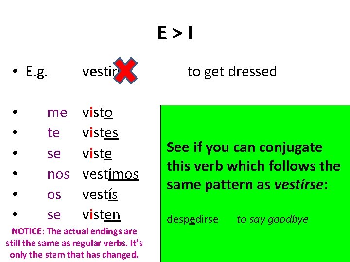 E>I • E. g. • • • me te se nos os se vestirse