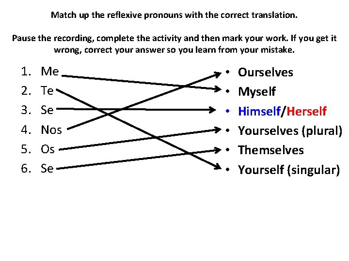 Match up the reflexive pronouns with the correct translation. Pause the recording, complete the