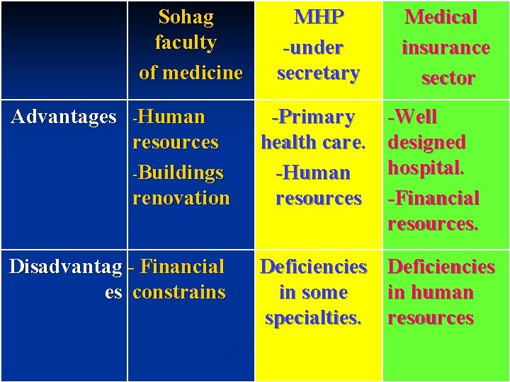 Sohag faculty of medicine MHP -under secretary Medical insurance sector Advantages -Human resources -Buildings Sohag faculty of medicine MHP -under secretary Medical insurance sector Advantages -Human resources -Buildings