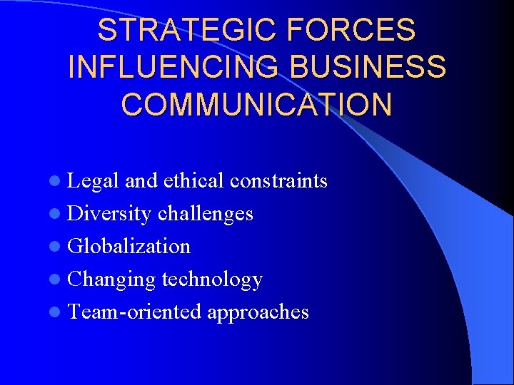 STRATEGIC FORCES INFLUENCING BUSINESS COMMUNICATION l Legal and ethical constraints l Diversity challenges l STRATEGIC FORCES INFLUENCING BUSINESS COMMUNICATION l Legal and ethical constraints l Diversity challenges l