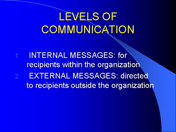 LEVELS OF COMMUNICATION INTERNAL MESSAGES: for recipients within the organization 2. EXTERNAL MESSAGES: directed LEVELS OF COMMUNICATION INTERNAL MESSAGES: for recipients within the organization 2. EXTERNAL MESSAGES: directed