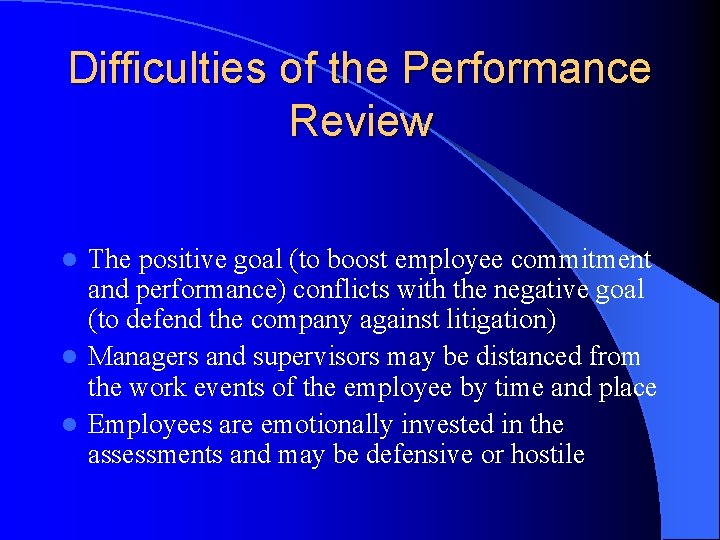 Difficulties of the Performance Review The positive goal (to boost employee commitment and performance) Difficulties of the Performance Review The positive goal (to boost employee commitment and performance)
