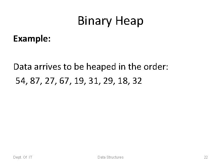 Binary Heap Example: Data arrives to be heaped in the order: 54, 87, 27,