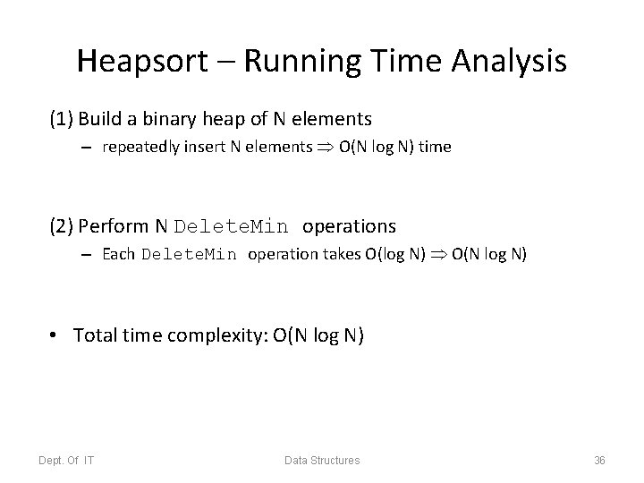 Heapsort – Running Time Analysis (1) Build a binary heap of N elements –