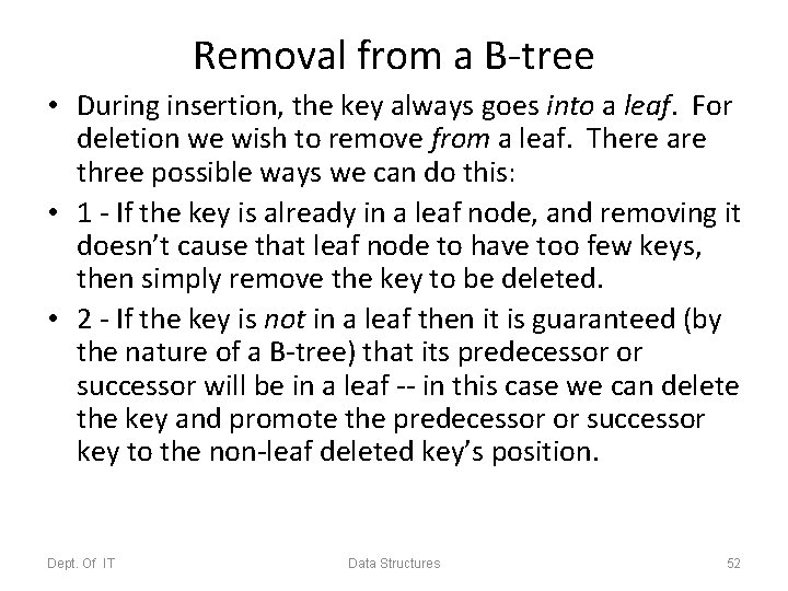 Removal from a B-tree • During insertion, the key always goes into a leaf.