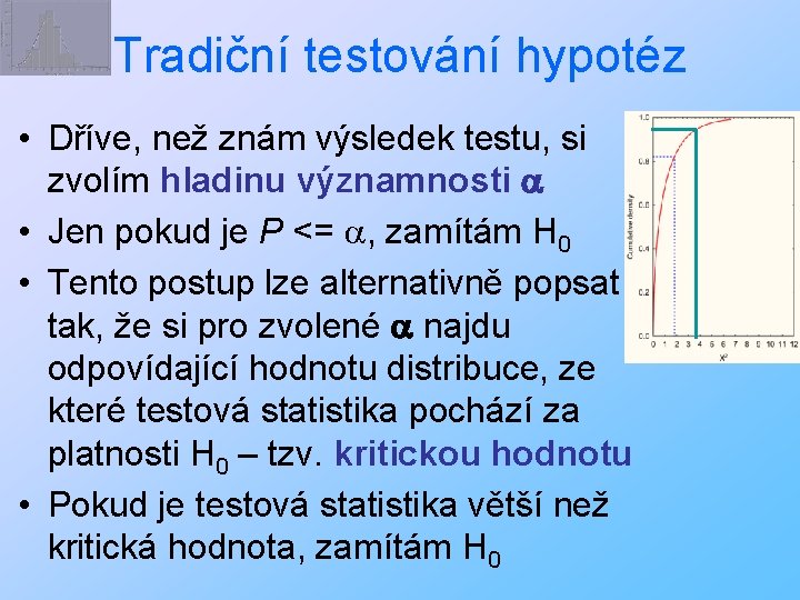 Tradiční testování hypotéz • Dříve, než znám výsledek testu, si zvolím hladinu významnosti a