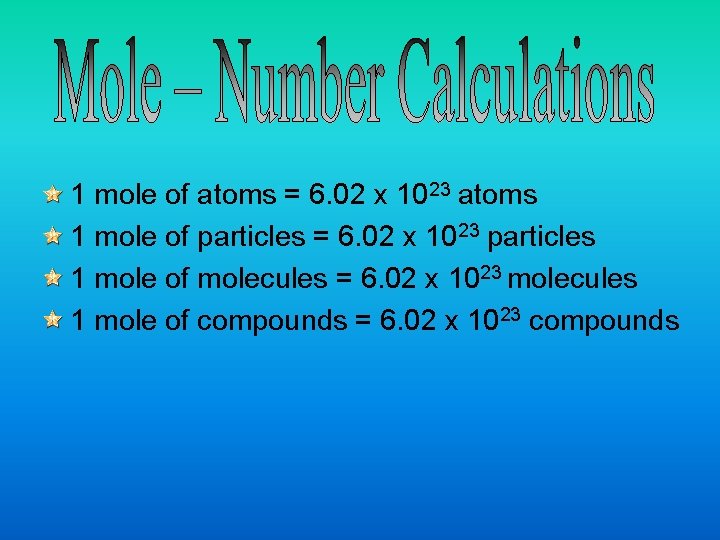 1 mole of atoms = 6. 02 x 1023 atoms 1 mole of particles 1 mole of atoms = 6. 02 x 1023 atoms 1 mole of particles