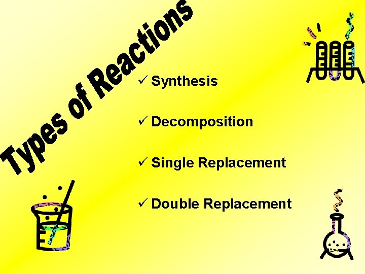 ü Synthesis ü Decomposition ü Single Replacement ü Double Replacement 