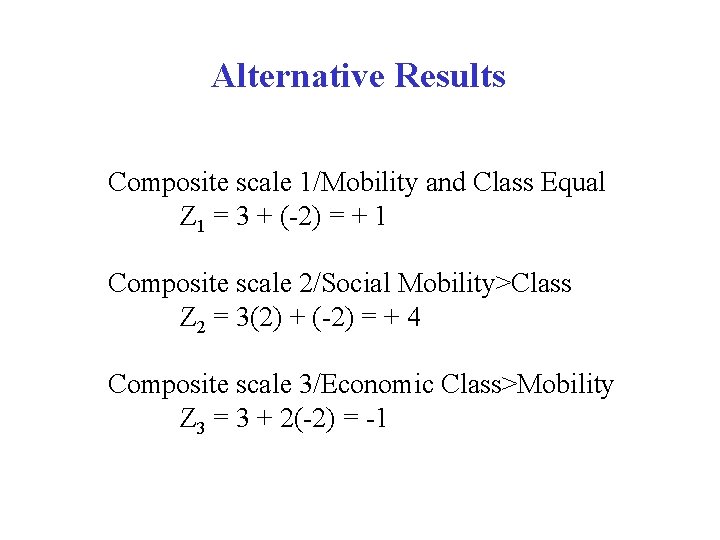 Alternative Results Composite scale 1/Mobility and Class Equal Z 1 = 3 + (-2)