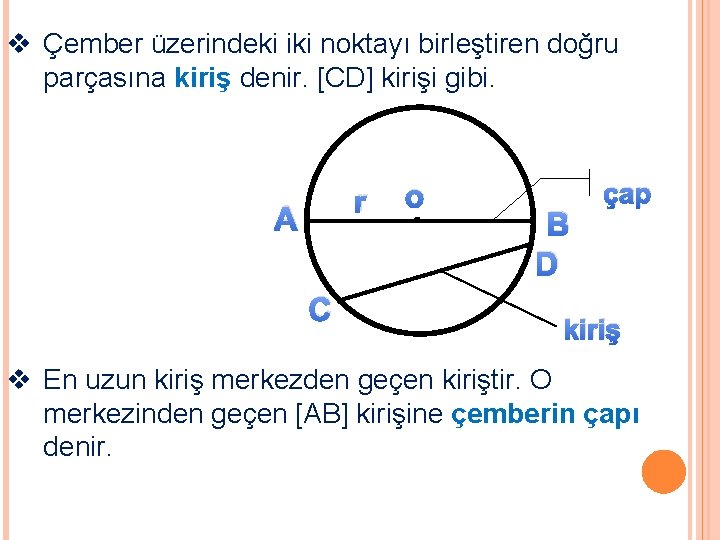 v Çember üzerindeki iki noktayı birleştiren doğru parçasına kiriş denir. [CD] kirişi gibi. r