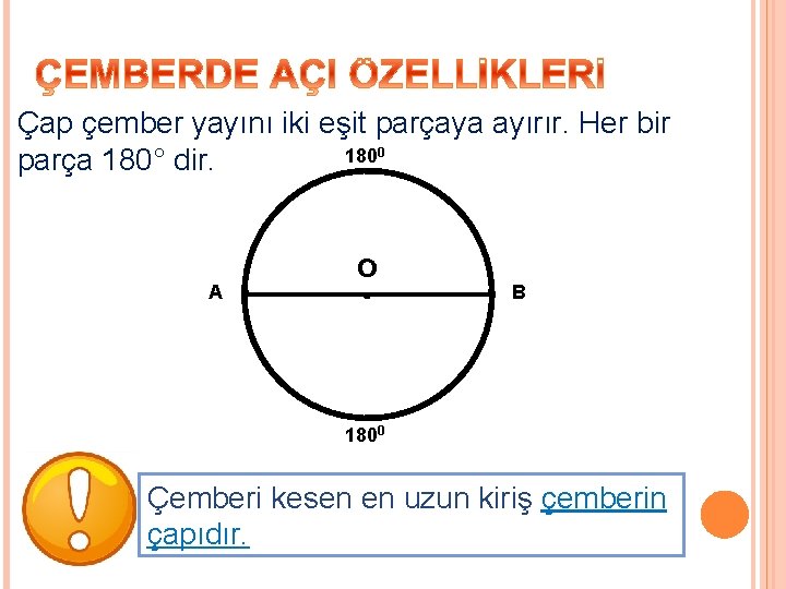 Çap çember yayını iki eşit parçaya ayırır. Her bir 1800 parça 180° dir. A Çap çember yayını iki eşit parçaya ayırır. Her bir 1800 parça 180° dir. A