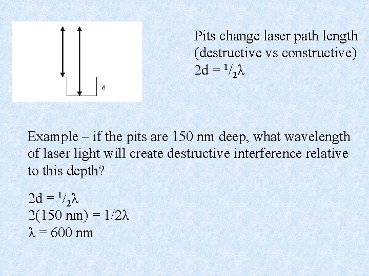 Pits change laser path length (destructive vs constructive) 2 d = 1/2λ Example – Pits change laser path length (destructive vs constructive) 2 d = 1/2λ Example –