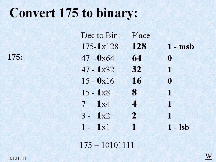 Convert 175 to binary: 175: Dec to Bin: 175 -1 x 128 47 -0 Convert 175 to binary: 175: Dec to Bin: 175 -1 x 128 47 -0