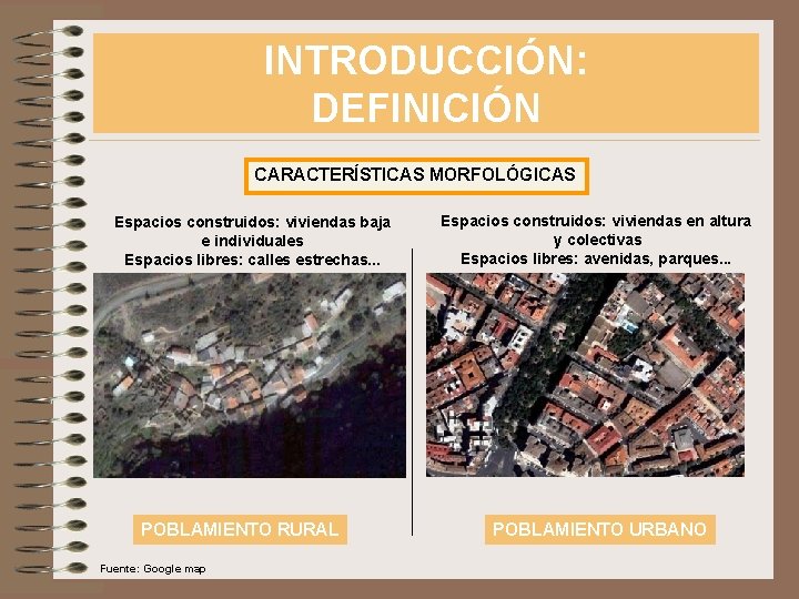 INTRODUCCIÓN: DEFINICIÓN CARACTERÍSTICAS MORFOLÓGICAS Espacios construidos: viviendas baja e individuales Espacios libres: calles estrechas.