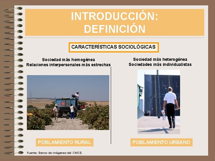 INTRODUCCIÓN: DEFINICIÓN CARACTERÍSTICAS SOCIOLÓGICAS Sociedad más homogénea Relaciones interpersonales más estrechas POBLAMIENTO RURAL Fuente: