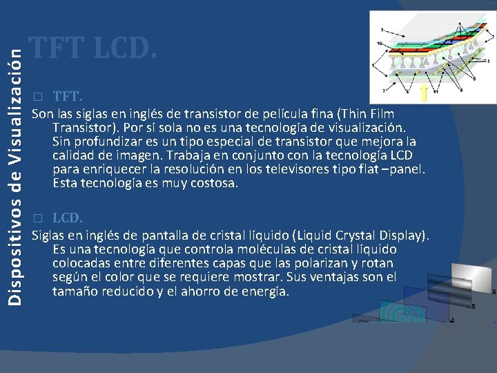 Dispositivos de Visualización TFT LCD. TFT. Son las siglas en inglés de transistor de Dispositivos de Visualización TFT LCD. TFT. Son las siglas en inglés de transistor de
