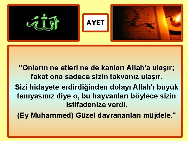 AYET "Onların ne etleri ne de kanları Allah'a ulaşır; fakat ona sadece sizin takvanız