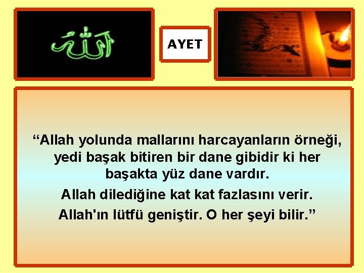 AYET “Allah yolunda mallarını harcayanların örneği, yedi başak bitiren bir dane gibidir ki her