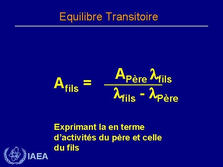 Equilibre Transitoire Afils = IAEA APère fils - Père Exprimant la en terme d’activités Equilibre Transitoire Afils = IAEA APère fils - Père Exprimant la en terme d’activités