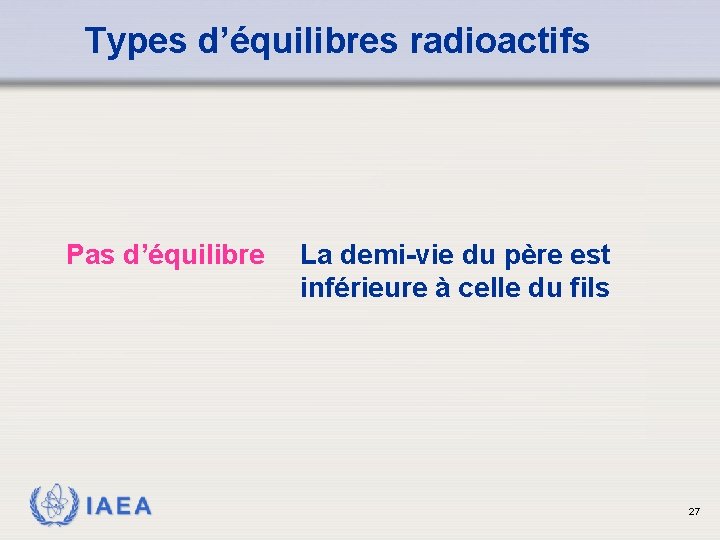 Types d’équilibres radioactifs Pas d’équilibre IAEA La demi-vie du père est inférieure à celle Types d’équilibres radioactifs Pas d’équilibre IAEA La demi-vie du père est inférieure à celle