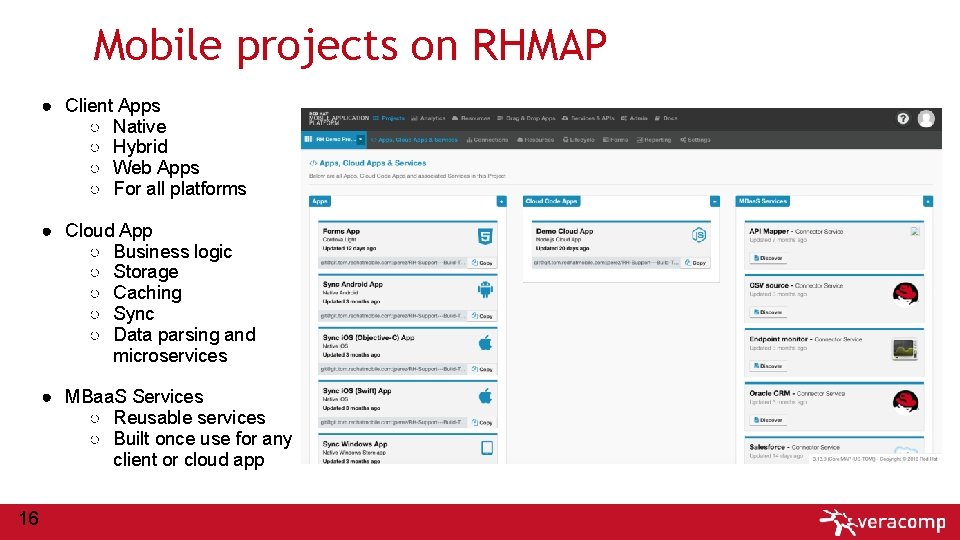Mobile projects on RHMAP ● Client Apps ○ Native ○ Hybrid ○ Web Apps