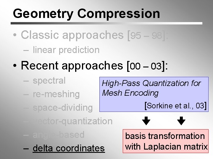 Geometry Compression • Classic approaches [95 – 98]: – linear prediction • Recent approaches