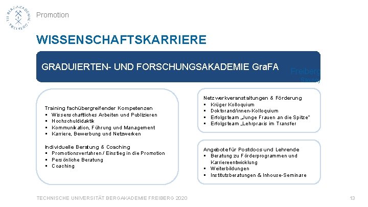 Promotion WISSENSCHAFTSKARRIERE GRADUIERTEN- UND FORSCHUNGSAKADEMIE Gra. FA Freiberg Saxony Training fachübergreifender Kompetenzen § Wissenschaftliches