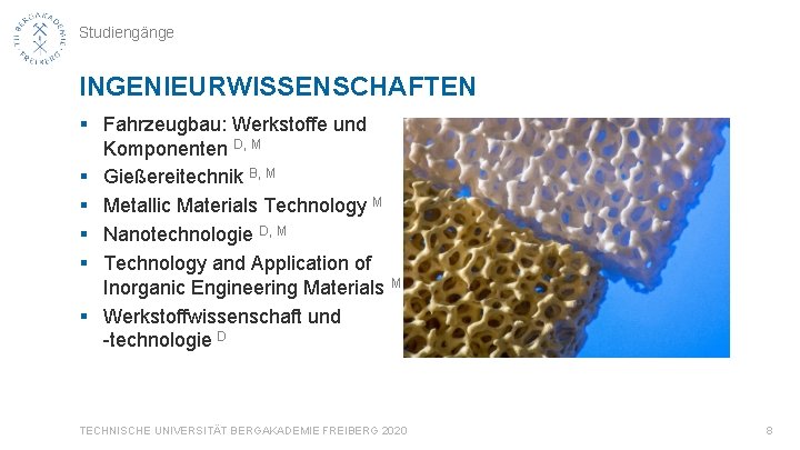 Studiengänge INGENIEURWISSENSCHAFTEN § Fahrzeugbau: Werkstoffe und Komponenten D, M § Gießereitechnik B, M §