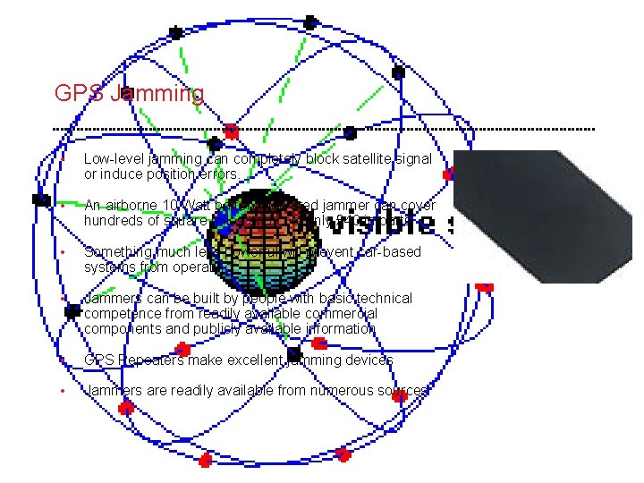 GPS Jamming • Low-level jamming can completely block satellite signal or induce position errors.