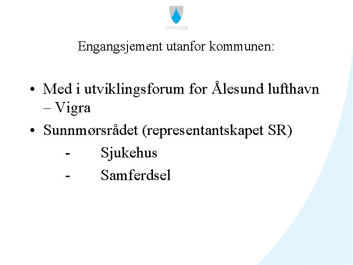 Engangsjement utanfor kommunen: • Med i utviklingsforum for Ålesund lufthavn – Vigra • Sunnmørsrådet