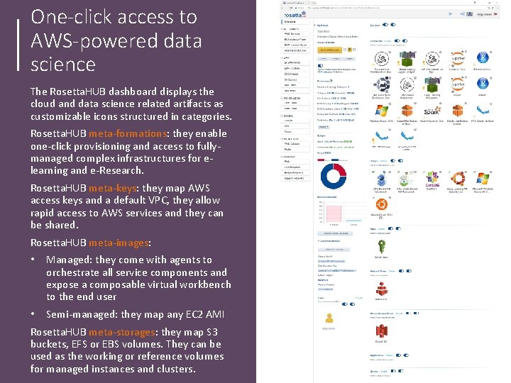 One-click access to AWS-powered data science The Rosetta. HUB dashboard displays the cloud and One-click access to AWS-powered data science The Rosetta. HUB dashboard displays the cloud and