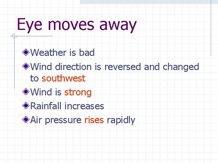 Eye moves away Weather is bad Wind direction is reversed and changed to southwest