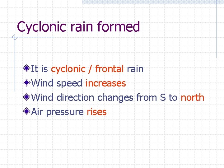 Cyclonic rain formed It is cyclonic / frontal rain Wind speed increases Wind direction