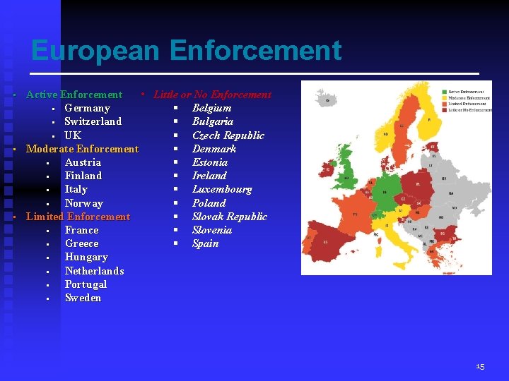 European Enforcement • • • Active Enforcement • Little or No Enforcement Germany Belgium