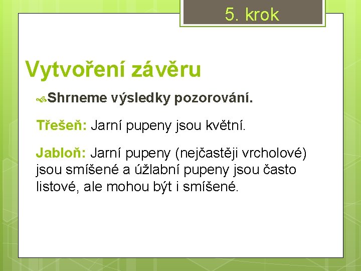 5. krok Vytvoření závěru Shrneme výsledky pozorování. Třešeň: Jarní pupeny jsou květní. Jabloň: Jarní