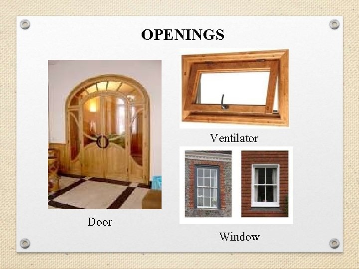 OPENINGS Ventilator Door Window OPENINGS Ventilator Door Window