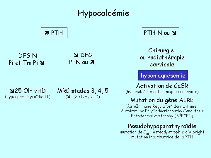 Hypocalcémie PTH DFG N Pi et Tm Pi PTH N ou DFG Pi N Hypocalcémie PTH DFG N Pi et Tm Pi PTH N ou DFG Pi N
