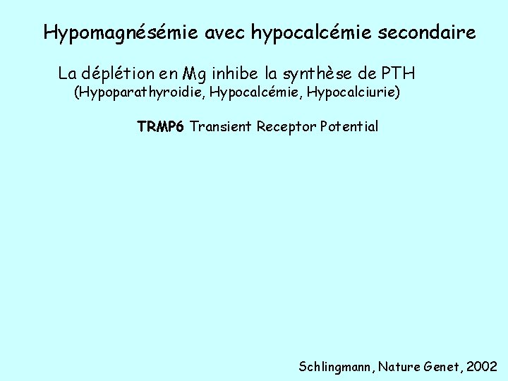 Hypomagnésémie avec hypocalcémie secondaire La déplétion en Mg inhibe la synthèse de PTH (Hypoparathyroidie,