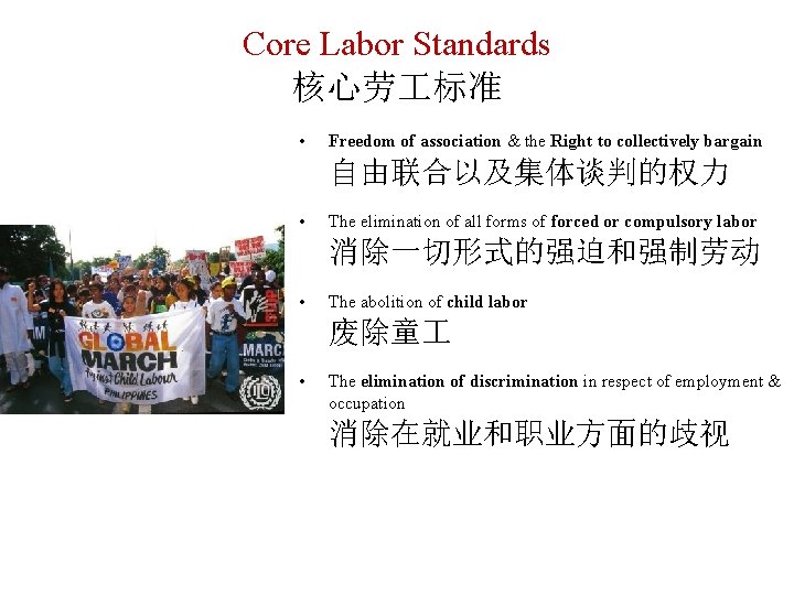 Core Labor Standards 核心劳 标准 • Freedom of association & the Right to collectively