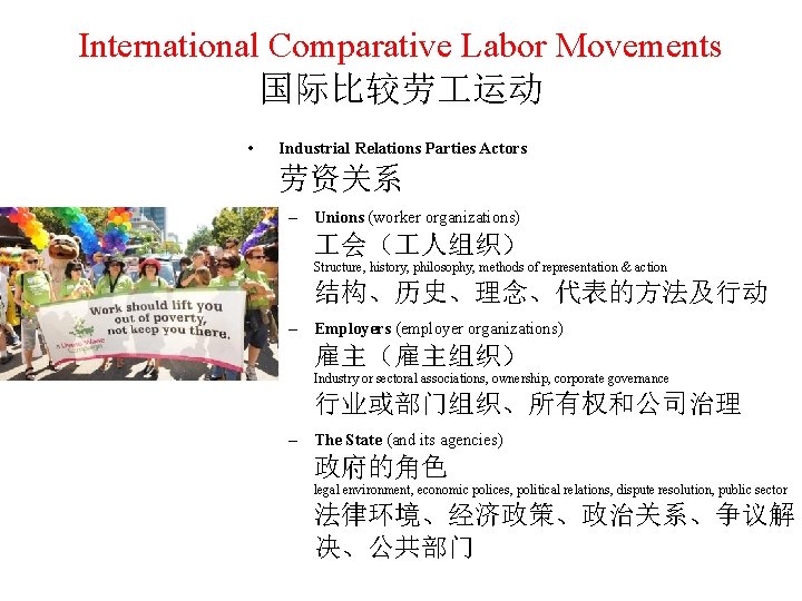 International Comparative Labor Movements 国际比较劳 运动 • Industrial Relations Parties Actors 劳资关系 – Unions