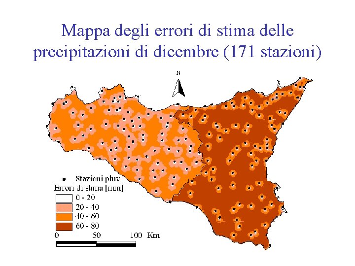Mappa degli errori di stima delle precipitazioni di dicembre (171 stazioni) 