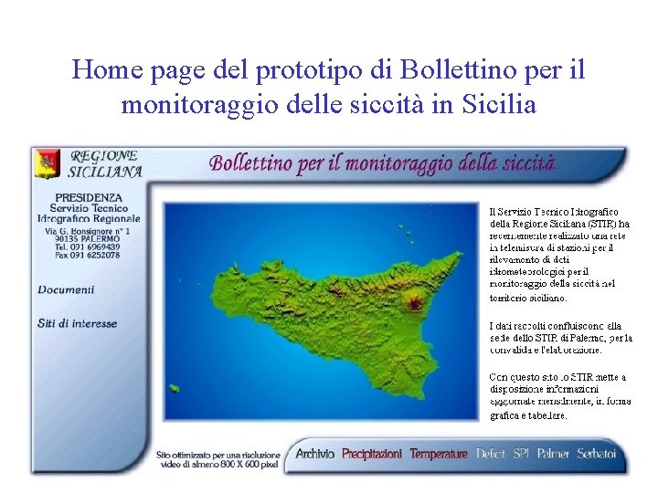 Home page del prototipo di Bollettino per il monitoraggio delle siccità in Sicilia 